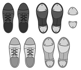 Dance Tap Shoes with Isolated Metal Taps Clipart Set, Top and Bottom Sole on a Transparent Background, White and Black Colors
