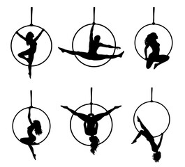 Aerial Hoop Ring Acrobat Silhouette Poses Clipart Set 3 on a Transparent Background