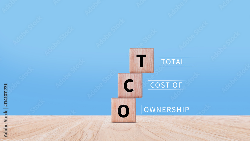 Aufkleber tco concept. total cost of ownership text on a wooden block, purchase price of an asset plus the cos