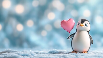Obraz premium Adorable Penguin Holding Pink Heart Balloon in Snow