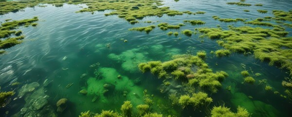 Green water surface teeming with cyanobacteria colonies, natural, blue-green algae