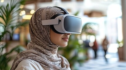 Muslim businesswoman experiencing virtual reality with vr headset in modern office