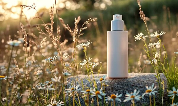 White pump bottle of lotion or serum in a field of daisies at sunset.