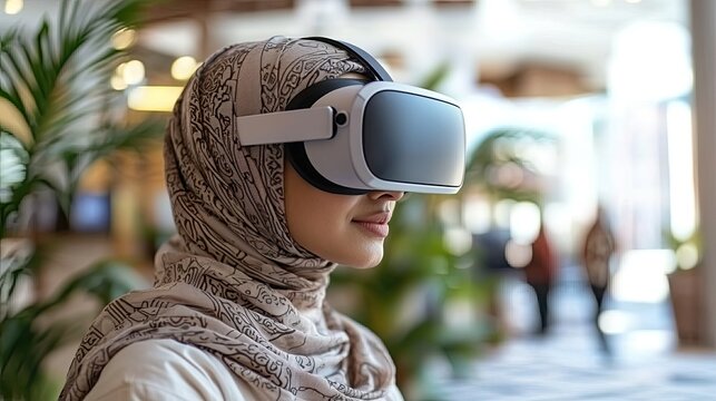 Muslim businesswoman experiencing virtual reality with vr headset in modern office