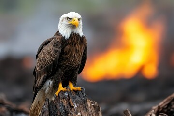 A bald eagle perched on a charred stump with a dramatic fire blaze burning in the blurred background.