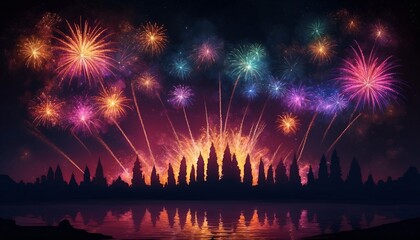 Colorful fireworks burst over a lake at midnight, sparkling and shimmering, explode scene, reflecting on the water with dark tree silhouettes in the background, New Year Eve, abstract illustration