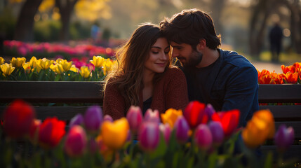 A couple enjoys a warm afternoon in a vibrant flower garden, surrounded by a sea of colorful tulips, sharing affectionate glances and smiles while seated on a bench