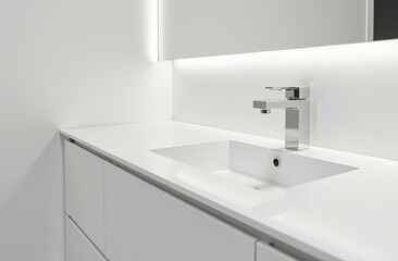 A close-up of a minimal white and clean bathroom counter in a minimalist bathroom