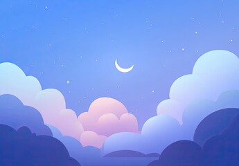A flat vector background illustration of the night sky with clouds and a crescent moon