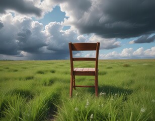 Empty wooden chair on grassy field under cloudy sky, sky, rural