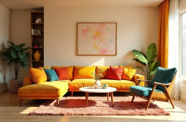 colorful living room, minimalist style 