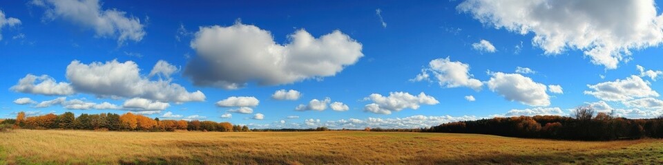 Obraz premium Golden autumn field under a vibrant blue sky with fluffy white clouds
