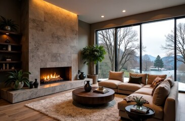 Fototapeta premium Beautiful Living Room in New Luxury Home with Fireplace and Roaring Fire. Large Bank of Windows Hints at Exterior View