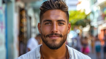 Obraz premium A smiling young man with a beard poses outdoors, surrounded by a vibrant street scene.