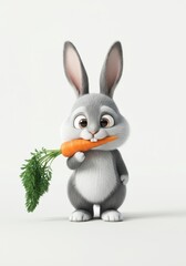 Fototapeta premium A cartoon gray rabbit with exaggerated features, such as big floppy ears and large eyes, stands on a white background.