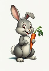 A cartoon gray rabbit with exaggerated features, such as big floppy ears and large eyes, stands on a white background.