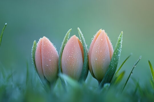 spring renewal, fragile buds unfurling in soft morning light on damp grass, signaling the start of new beginnings