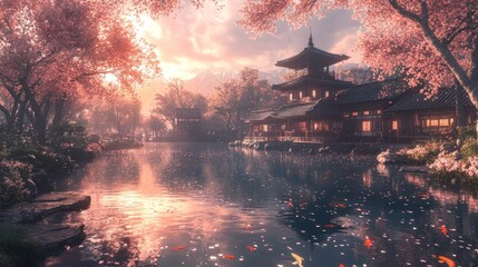 Obraz premium Serene Japanese temple, sunset, koi pond, cherry blossoms.