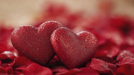 Obraz premium Two Dew Covered Hearts Resting On Red Rose Petals