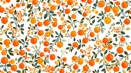 Obraz premium Playful oranges and leaves seamless pattern on a white background, perfect for cheerful, citrus-inspired designs and lively branding