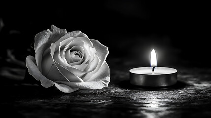 Poignant black and white image capturing a single white rose beside a flickering tealight candle, symbolizing mourning and respect