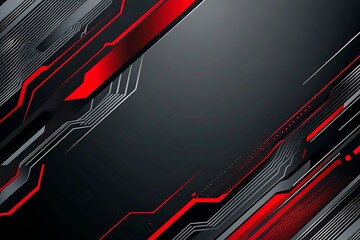 Dynamic technology-inspired abstract background with sharp red, black, and silver lines, creating a sleek and futuristic digital design.