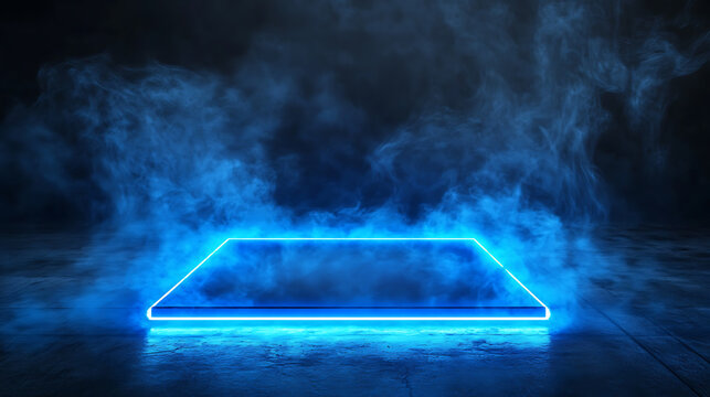 Mesmerizing blue neon frame radiates a vibrant glow on a sleek concrete floor, contrasting with swirling smoke, stand out in the darkness with this versatile template