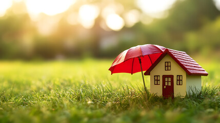 Miniature house protected by a red umbrella on a grassy field, fresh outdoor look, concept of home insurance and property protection