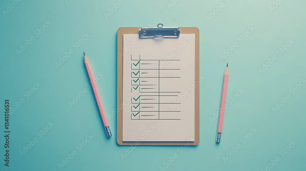 Poster minimalist composition featuring a clipboard with a completed checklist next to a pencil, set agains