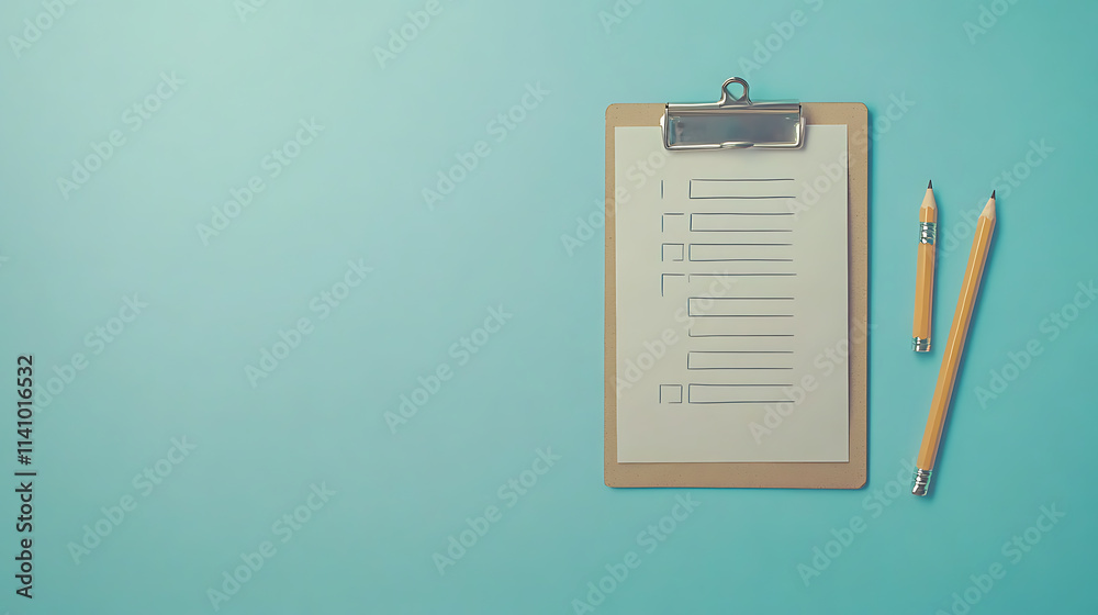 Poster minimalist composition featuring a clipboard with a completed checklist next to a pencil, set agains