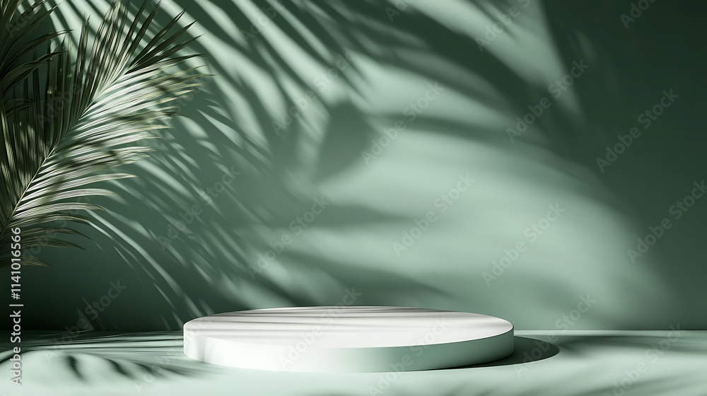 Aufkleber minimalist green background with palm leaves shadows, empty table top for product presentation