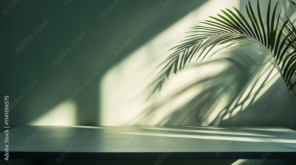 Poster minimalist green background with palm leaves shadows, empty table top for product presentation