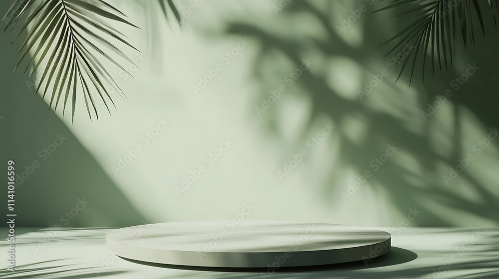 Poster minimalist green background with palm leaves shadows, empty table top for product presentation