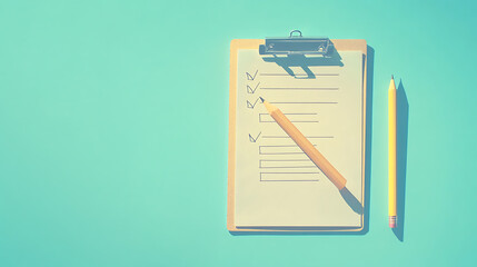 Minimalist composition featuring a clipboard with a completed checklist next to a pencil, set against a soft pastel blue backdrop