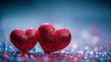 Fototapeta premium Two Red Glitter Hearts Resting On Sparkling Surface