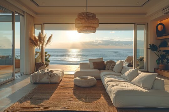 Modern coastal living room with ocean views and relaxed beachy vibes