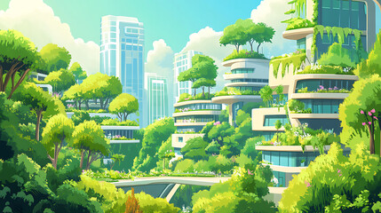 Illustration of a green sustainable urban area with eco-friendly buildings and lush greenery
