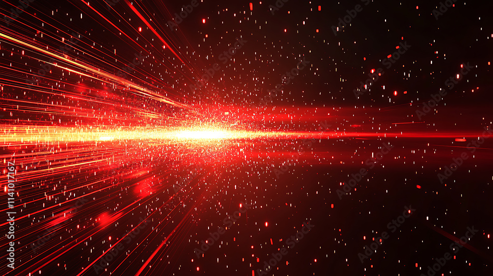 Aufkleber Red glowing data stream with digital particles on a dark background, a red light glow effect futuristic technology banner