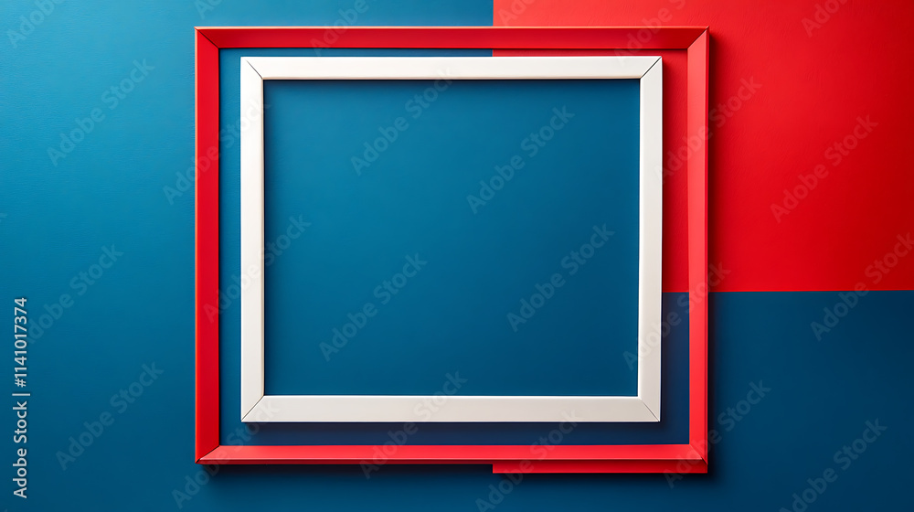 Poster red, white and blue border frame on a blank background a white square shape with a red thin line