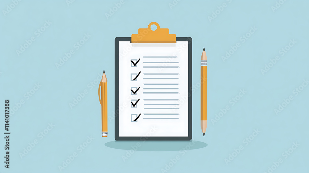 Aufkleber minimalistic image featuring a clipboard with a checked to-do list and a pencil against a soft blue 