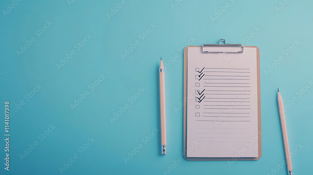 Aufkleber minimalistic image featuring a clipboard with a checked to-do list and a pencil against a soft blue 