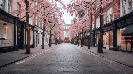 Obraz premium A street lined with flowering trees creating an arch of blooms