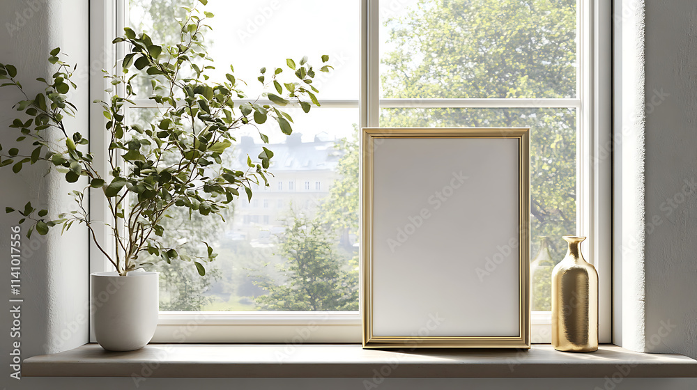 Leinwandbilder Mockup of an empty white frame with gold edges on the windowsill in front of a large window