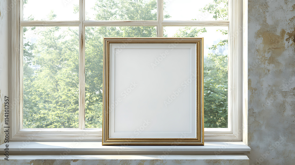 Poster Mockup of an empty white frame with gold edges on the windowsill in front of a large window