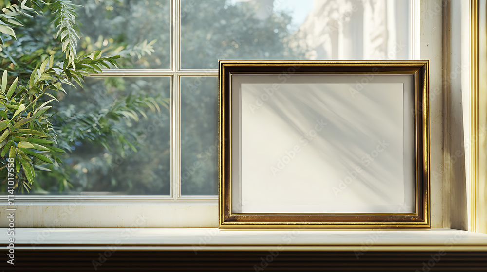 Aufkleber Mockup of an empty white frame with gold edges on the windowsill in front of a large window