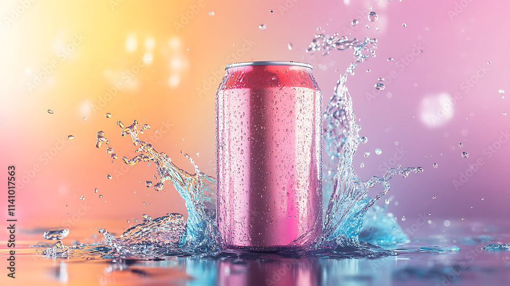 Poster mockup photo of an empty soda can with water splash motion effect on a colorful background, perfect 