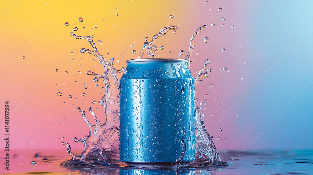 Poster mockup photo of an empty soda can with water splash motion effect on a colorful background, perfect 