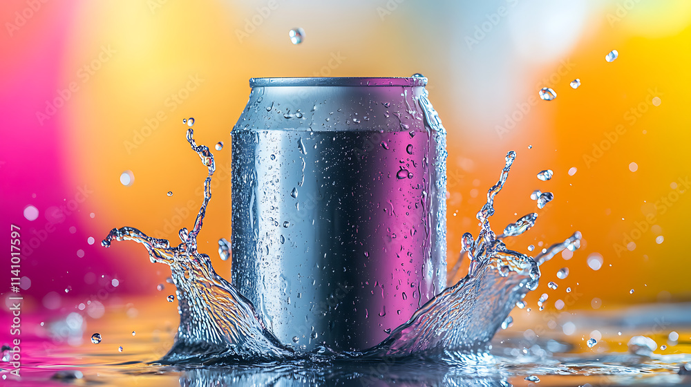 Aufkleber mockup photo of an empty soda can with water splash motion effect on a colorful background, perfect 