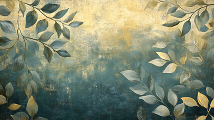 Retro, nostalgic, golden brushstrokes, textured background, oil on canvas, modern art, floral leaves, green, gray, wallpaper, poster, card, mural, carpet, hanging, print, wall decor