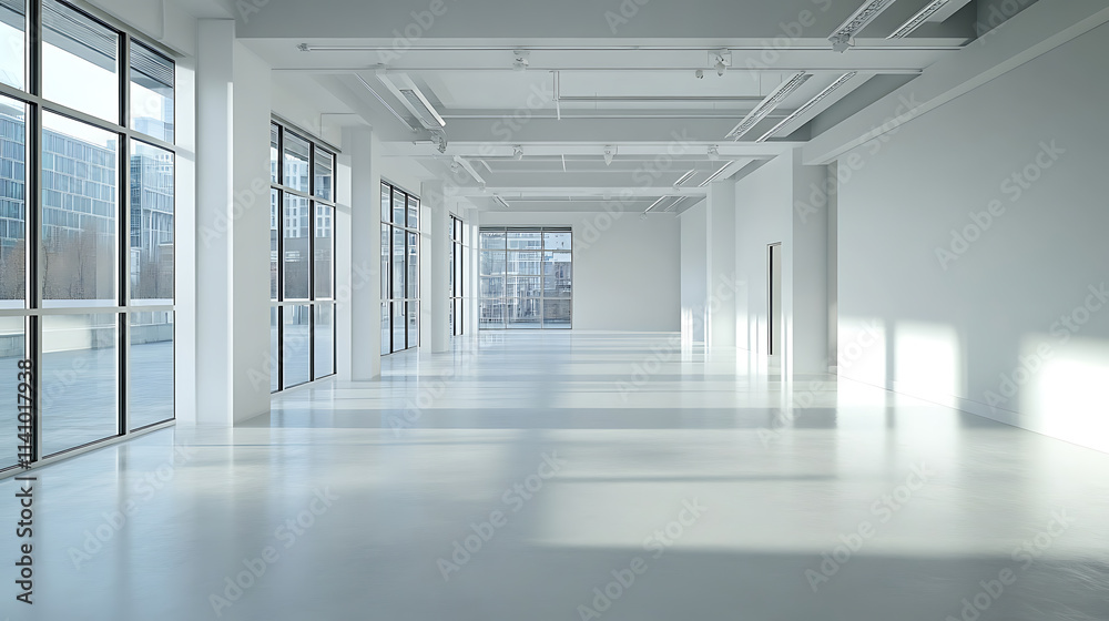 Aufkleber modern empty art gallery with white walls and large windows